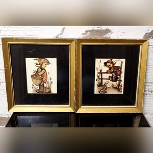 Set of 2 Hummel Prints in Wood Gold Frame Vintage